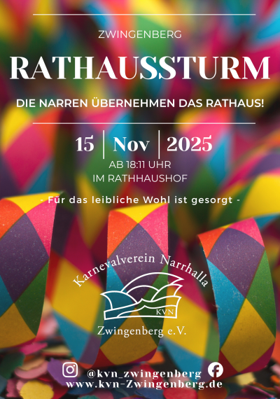 Flyer für unseren Rathaussturm am 15.11.25 im Rathaushof in Zwingenberg. Beginn 18:11 Uhr